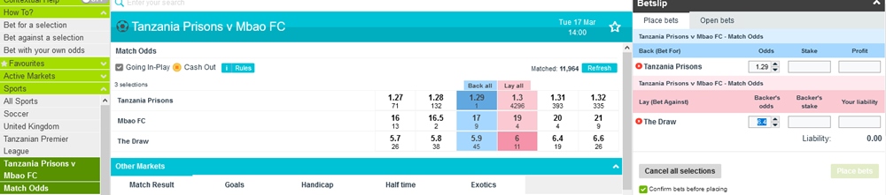 Example of available bets